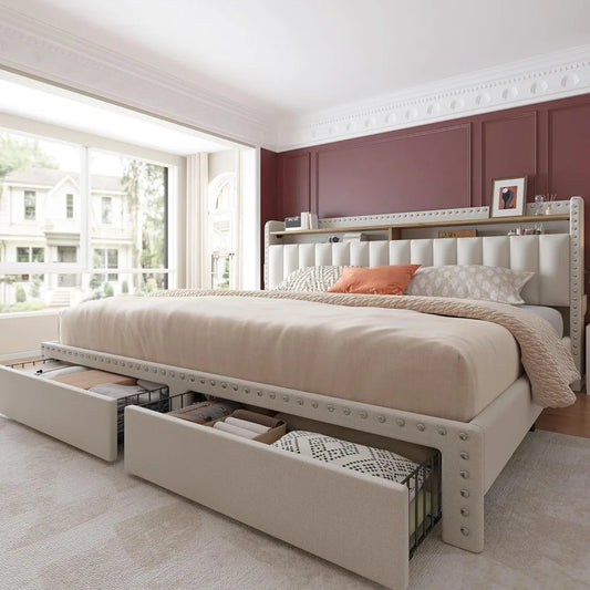 Ljustra King Size Bed Frame with Storage Headboard and Drawers