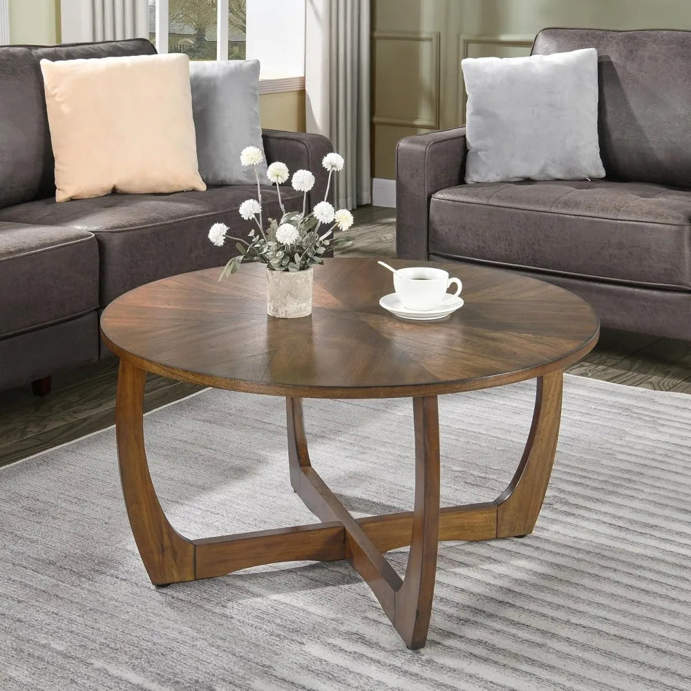 Mid Century Modern Round Wood Coffee Table 33.5" Walnut Living Room