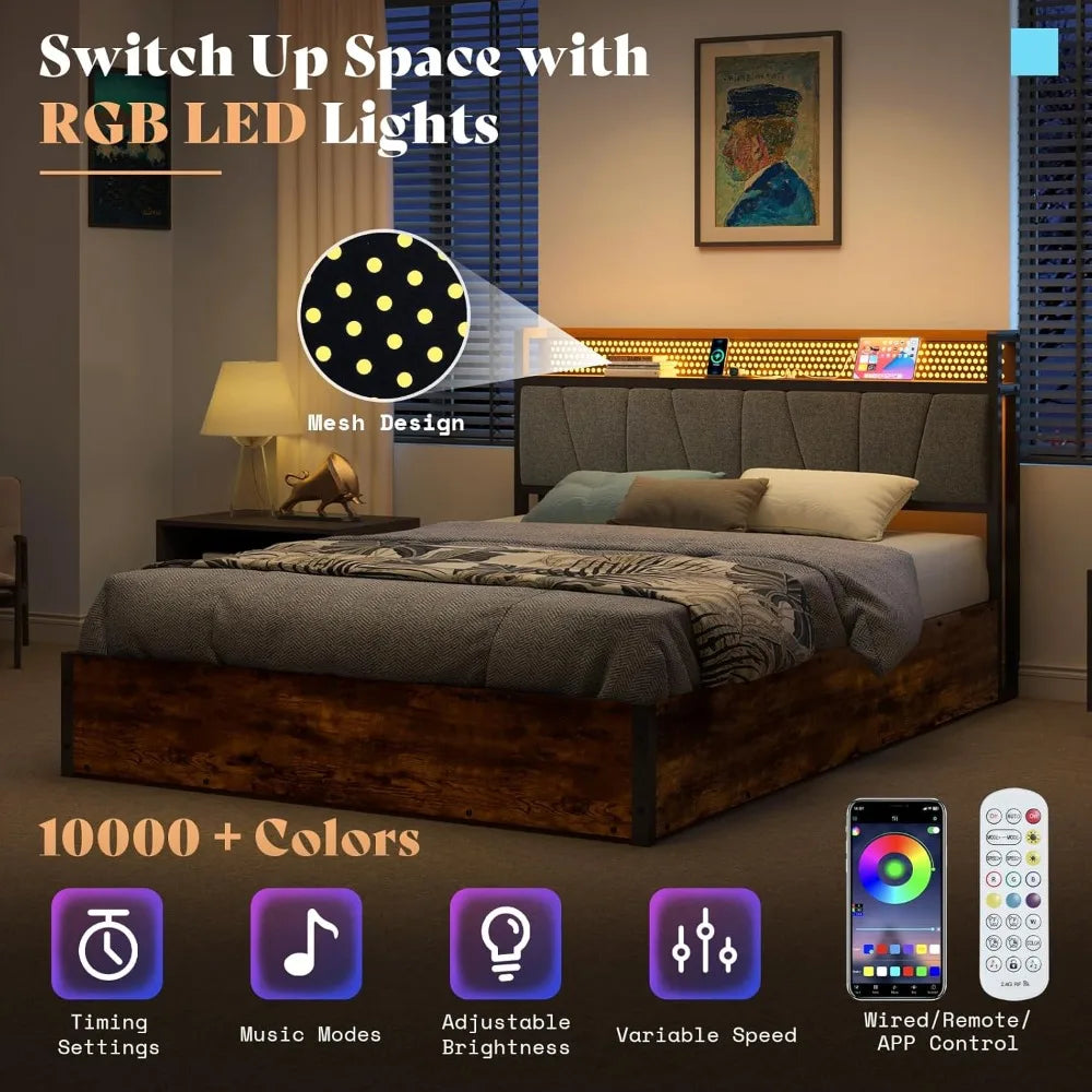 Ljustra Queen Size Lift Up Bed Frame with LED Light Storage Headboard