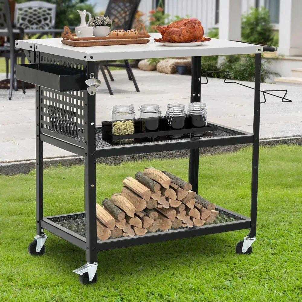 Outdoor Grill Cart Pizza Oven Table with Adjustable Shelf and Wheels