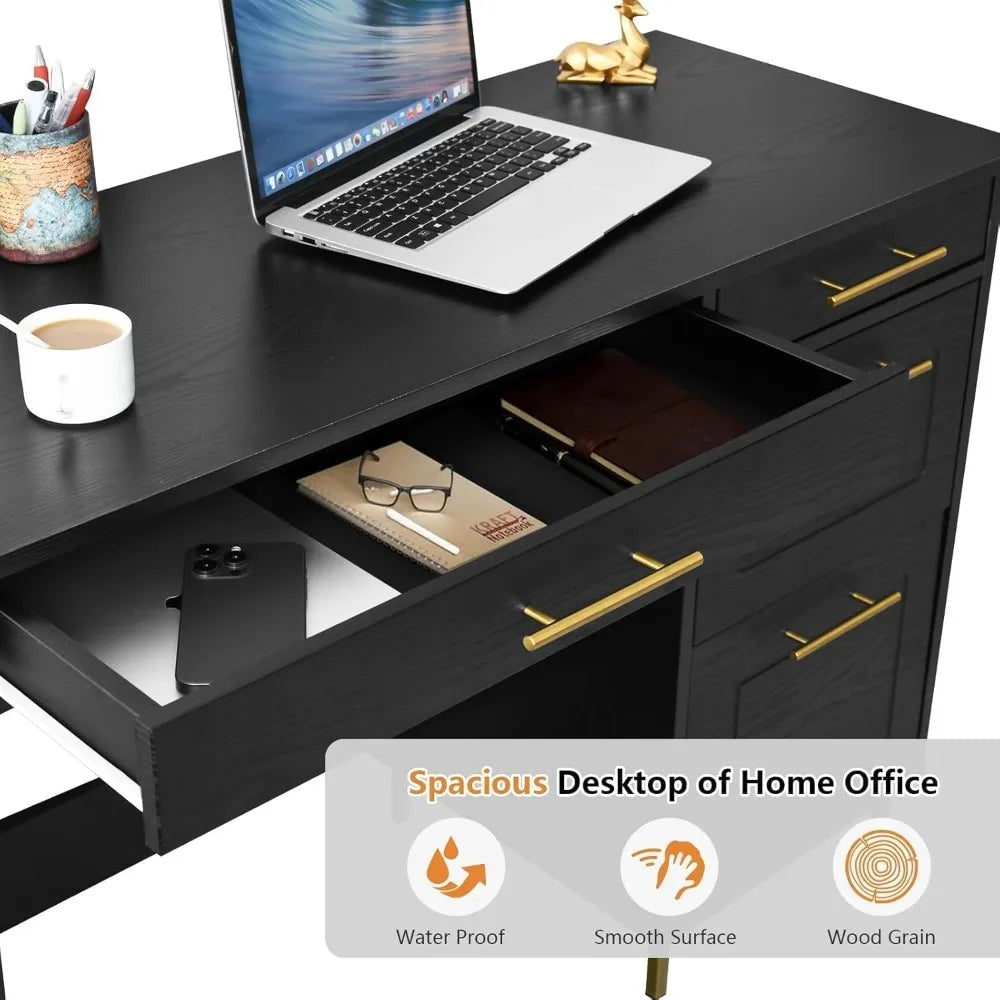 Modern Black Desk with Drawers and Golden Handles for Home Office