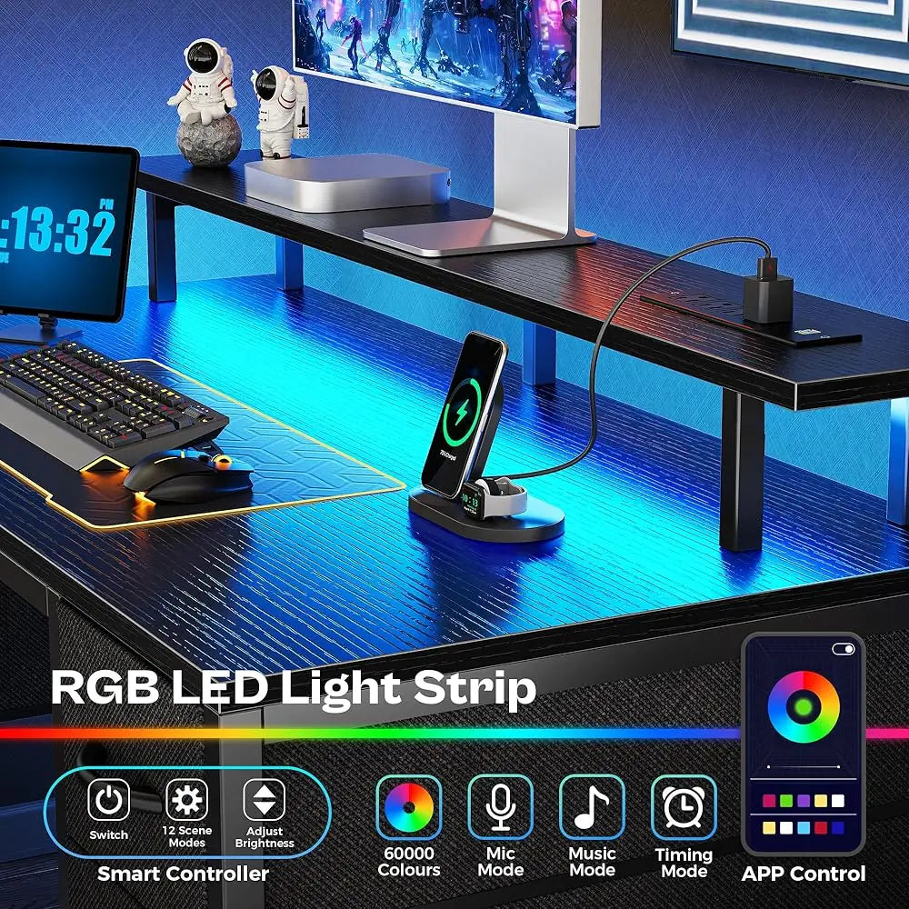 Ljustra 47 Inch Computer Desk with 4 Drawers LED Lights Power Outlets