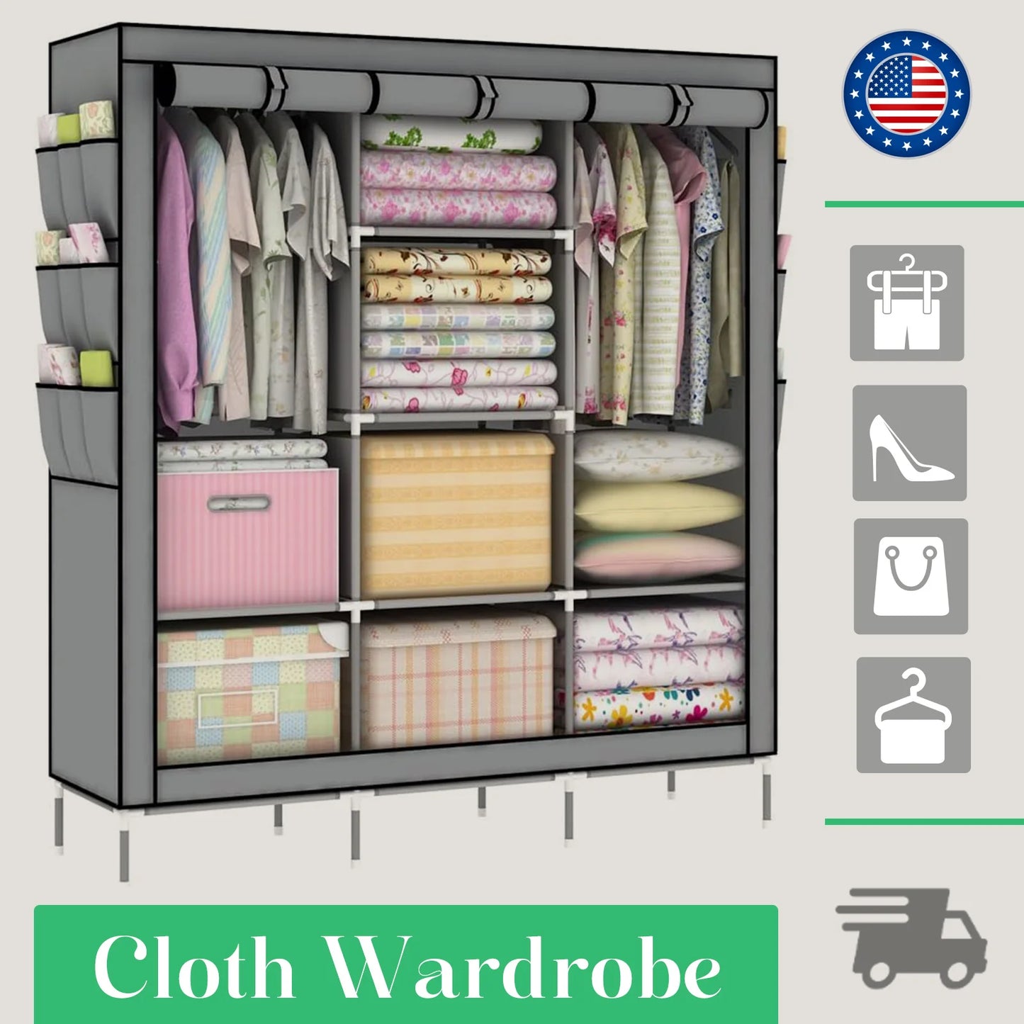 Portable Closet Organizer Rack Clothes Storage Shelf Easy Assembly