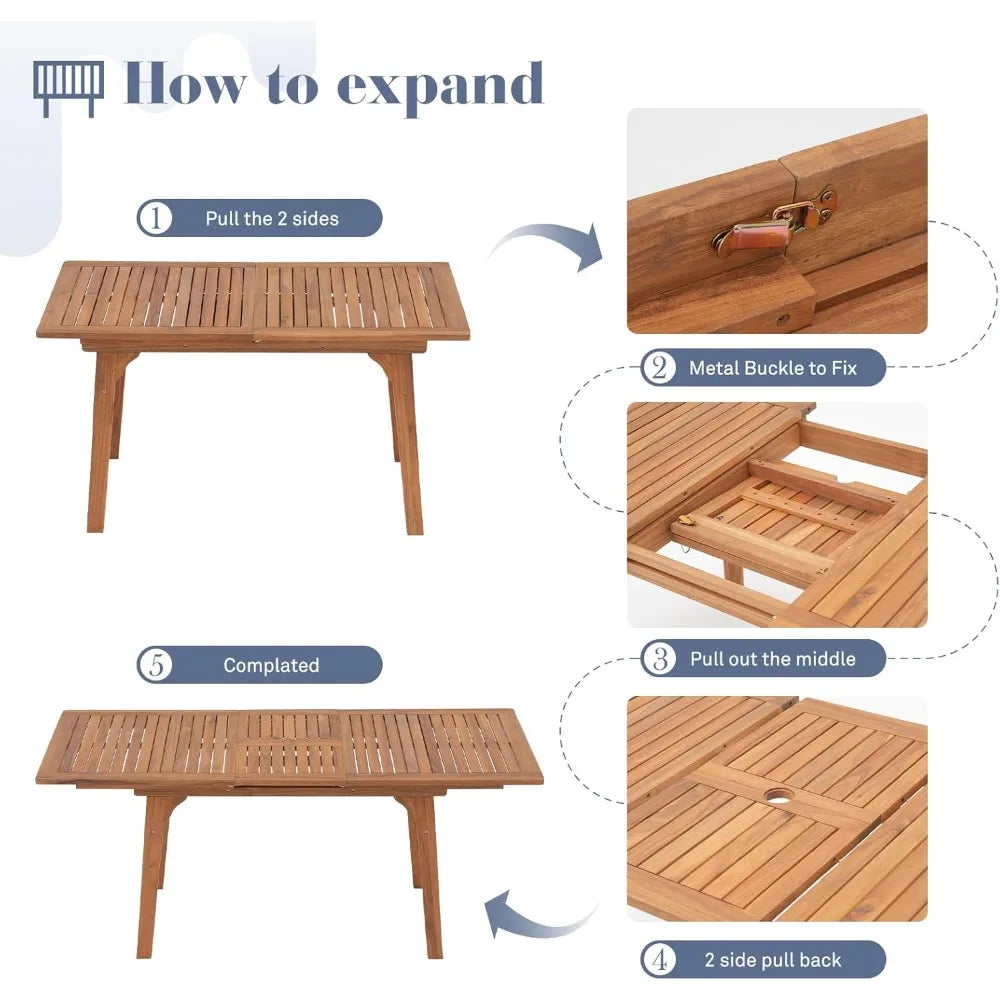 Acacia Wood Patio Dining Set Expandable Table Chairs for 6-8 Outdoor