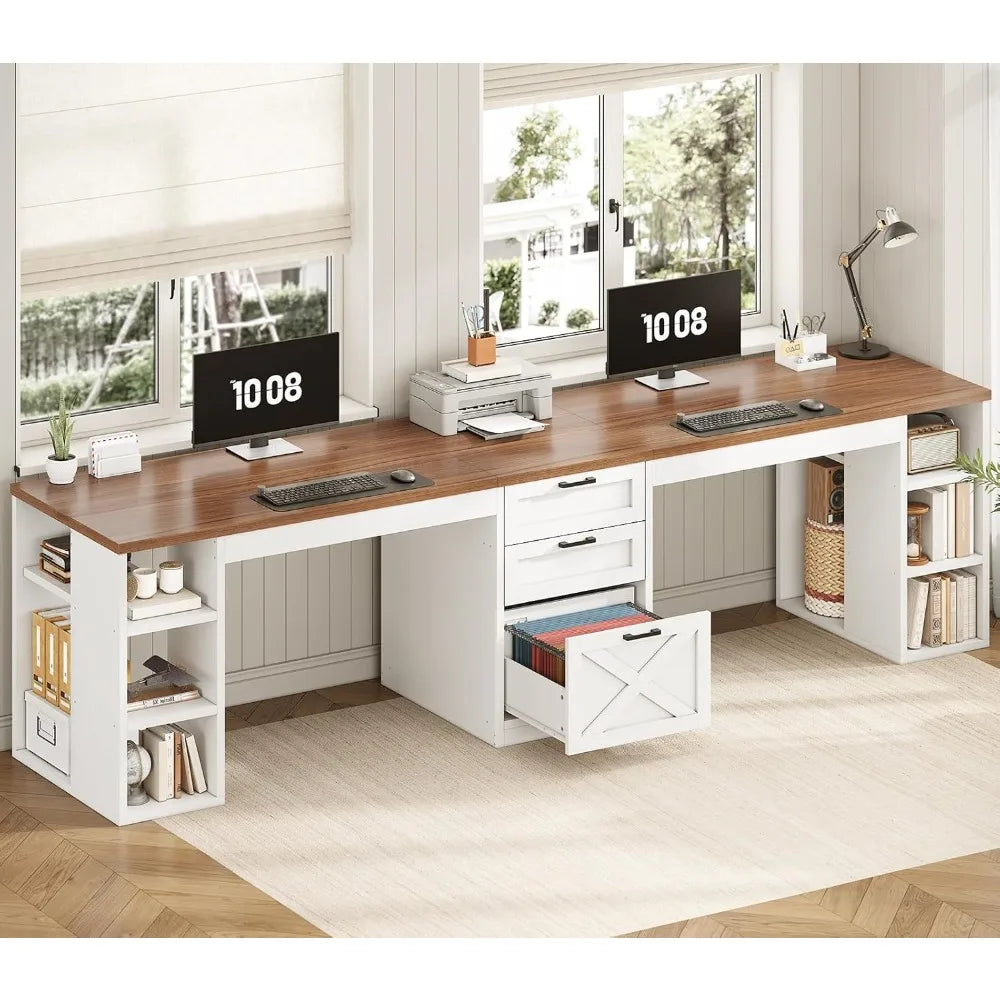 Farmhouse 96.5 Inch Computer Desk Double Desk with Storage Shelves