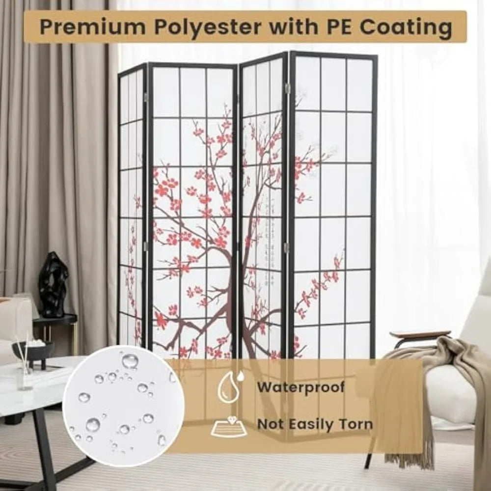 Japanese Style 4 Panel Room Divider Folding Shoji Screen Plum Blossom
