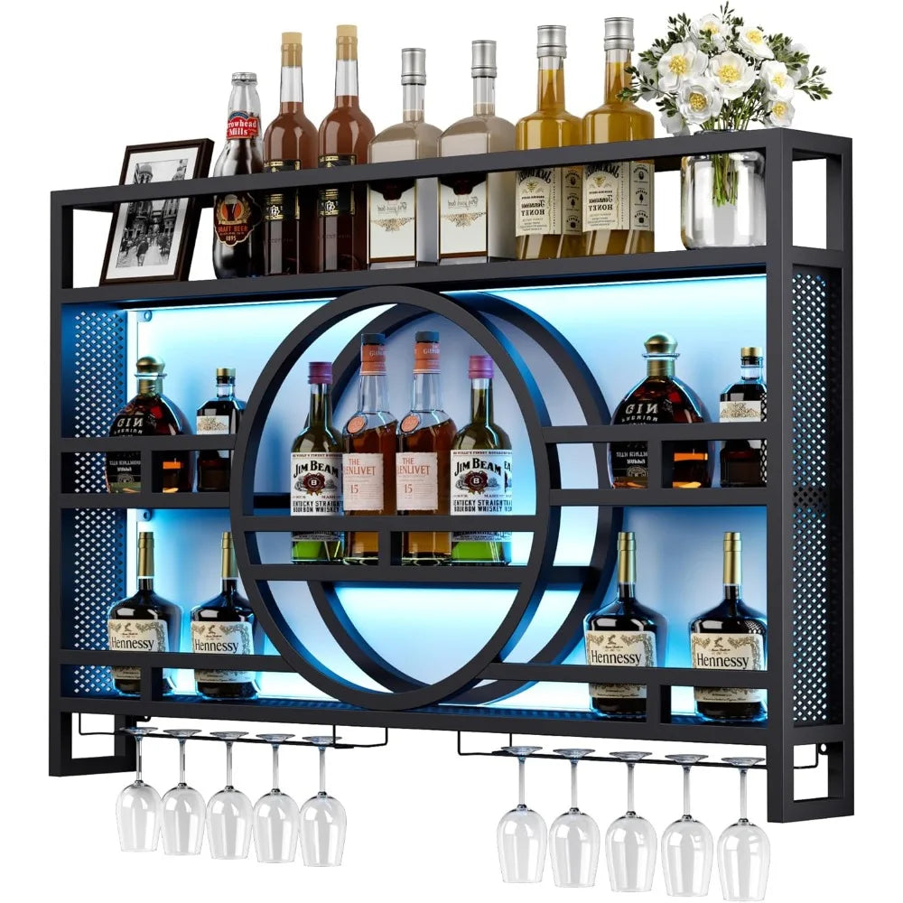 3-Tier Wall Mounted Wine Rack with LED Floating Bar Shelves