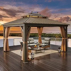 10x12ft Hardtop Gazebo Heavy Duty Outdoor Canopy with Curtains and Netting