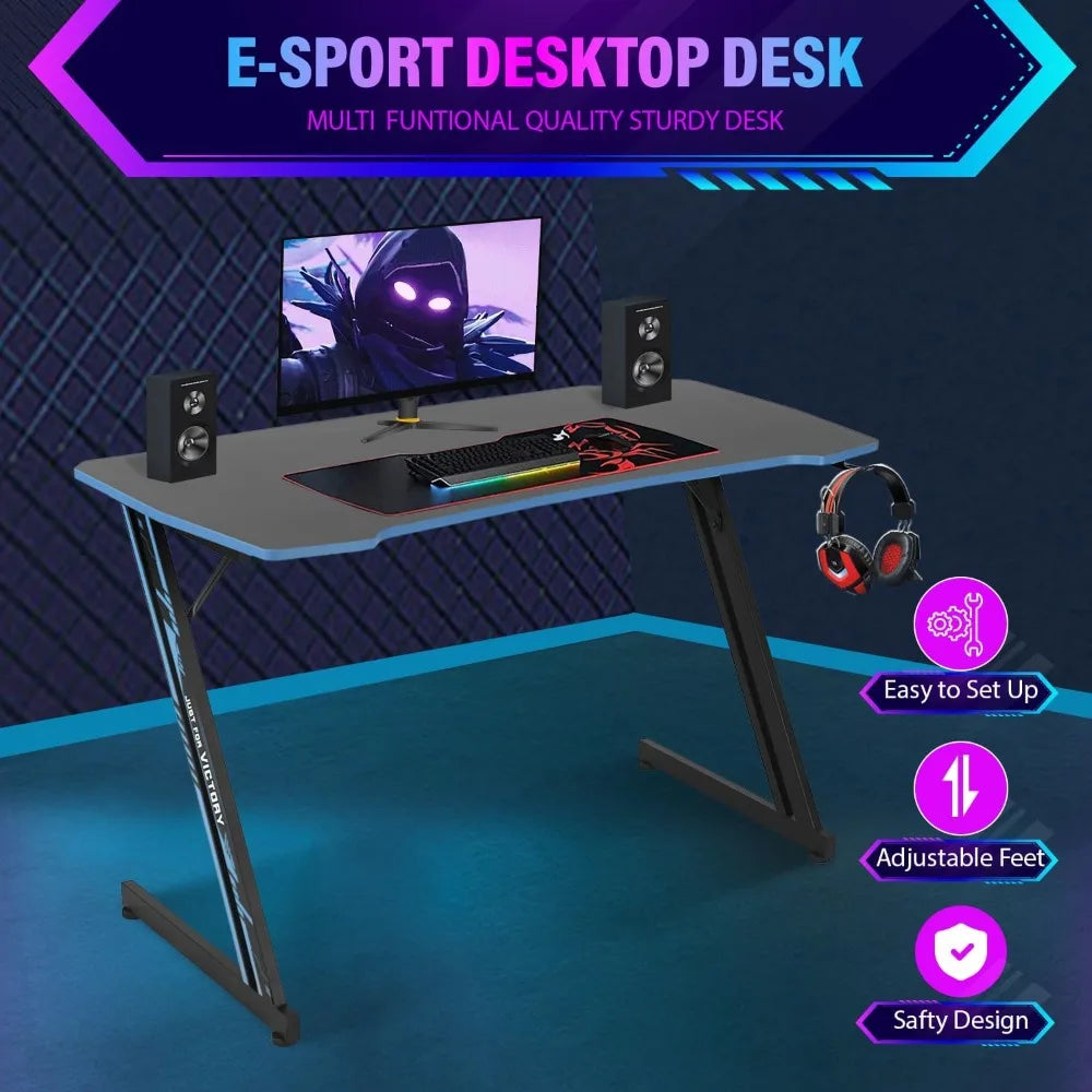 Modern 47 Inch Z-Shaped Gaming Desk with Headphone Hook Home Office