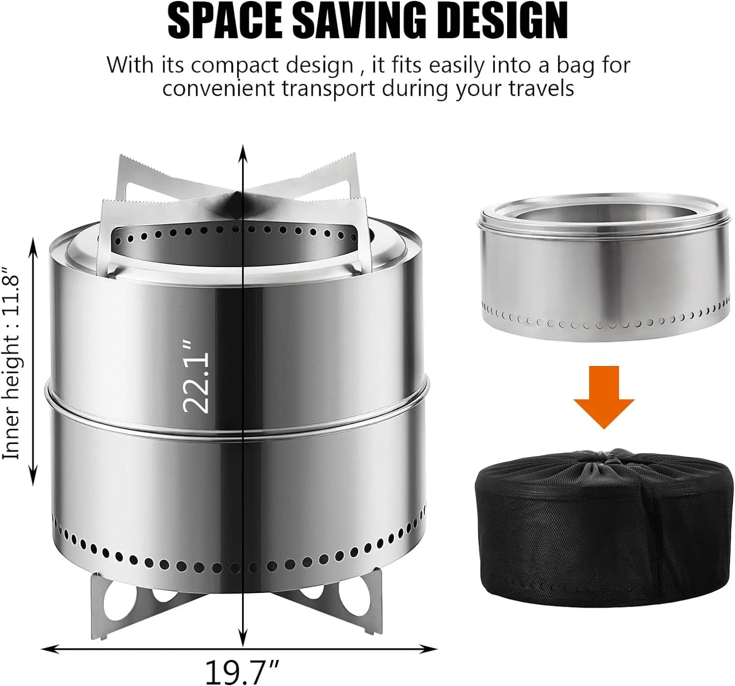 19 Inch Smokeless Fire Pit Stainless Steel Wood Burning Outdoor Fireplace