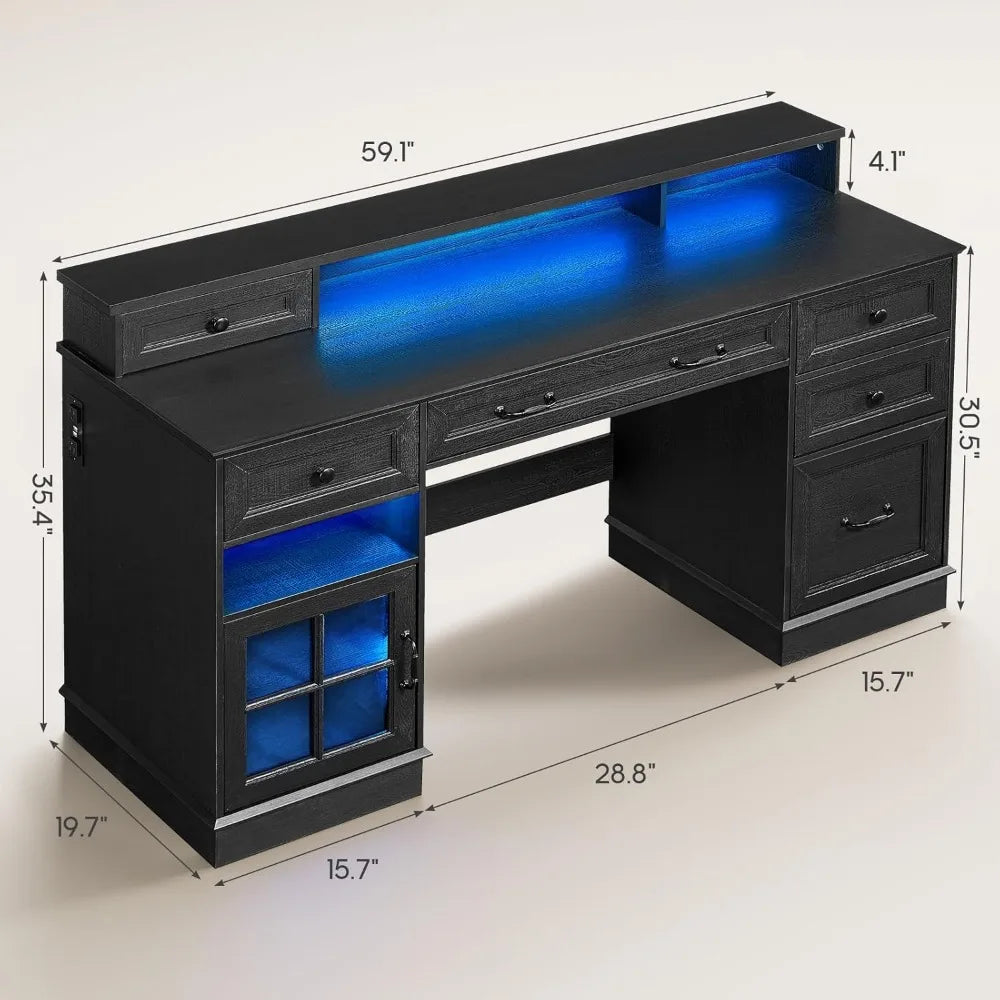 Farmhouse Executive Desk with Drawers LED Lights Power Outlet Storage