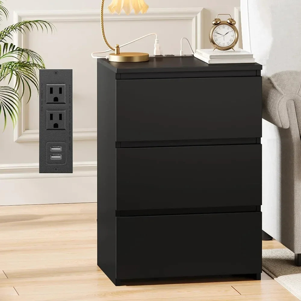 Black Nightstand with Charging Station USB Ports Power Outlets 26"