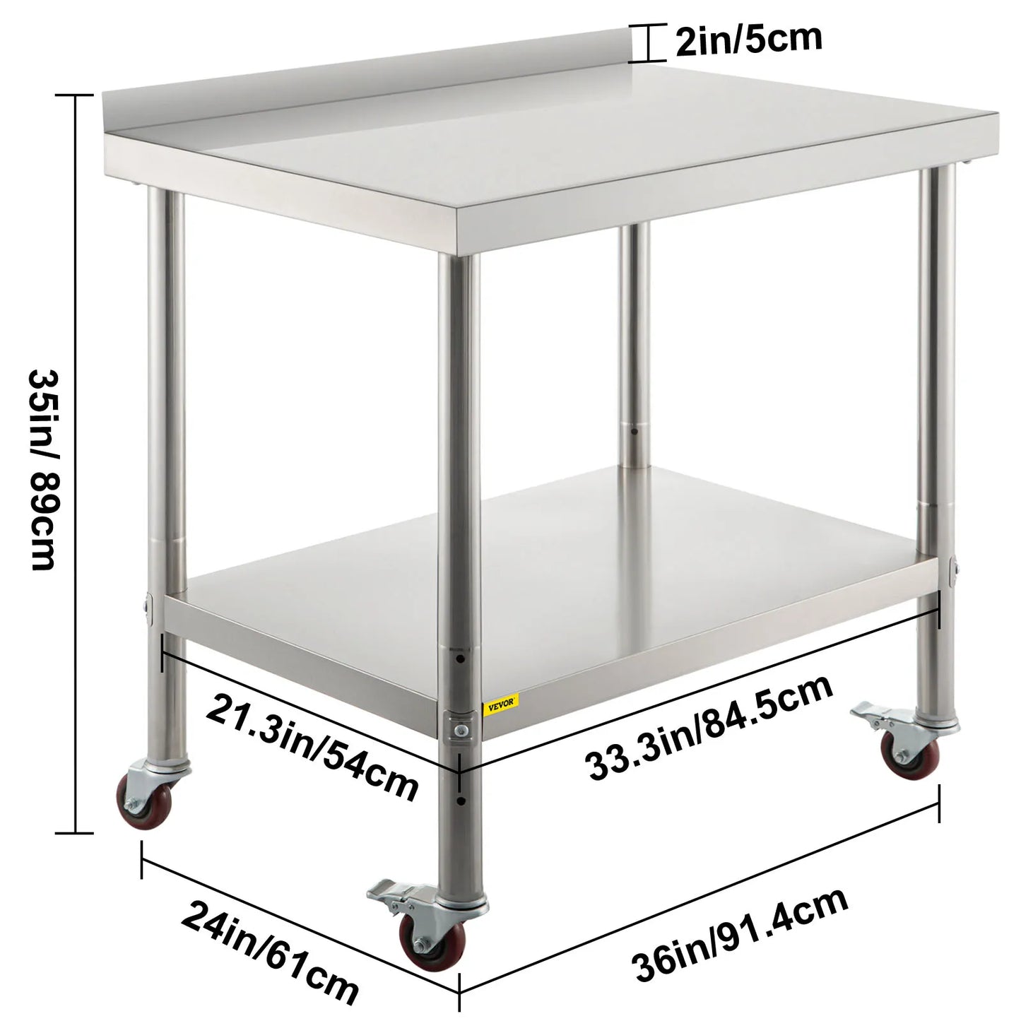 Heavy Duty Stainless Steel Kitchen Prep Table with Backsplash and Casters