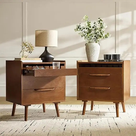 Mid-Century Modern Nightstand with Charging Station and Drawers