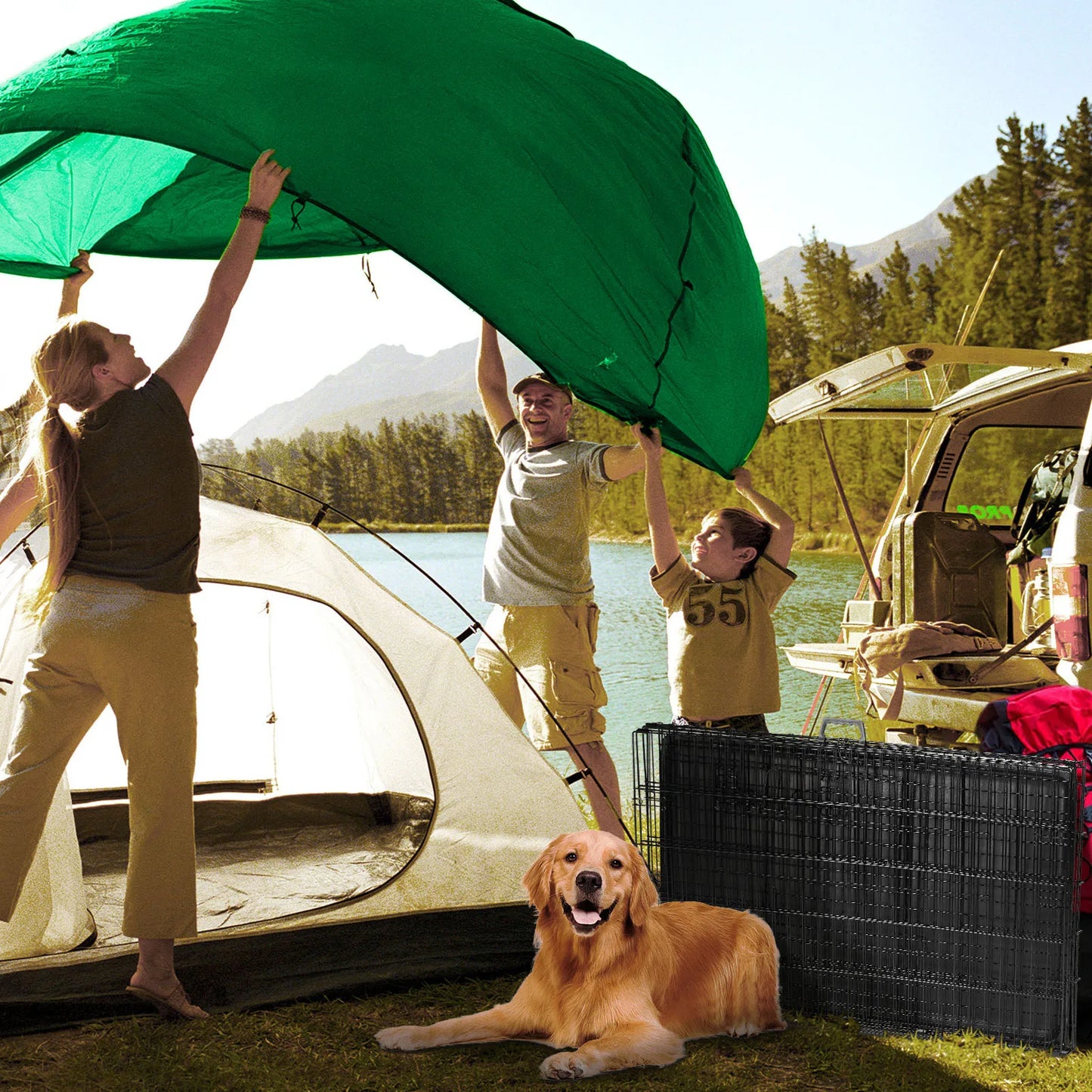 Extra Large Double Door Folding Metal Wire Dog Cage with Leak-Proof Tray