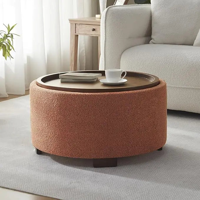 30 Inch Round Storage Ottoman Coffee Table Modern Boucle with Wood Legs