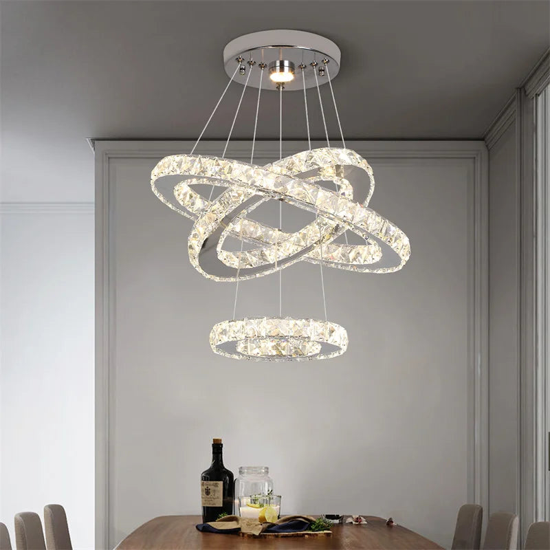 Modern Crystal Rings LED Chandelier Luxury Ceiling Lamp Remote Control