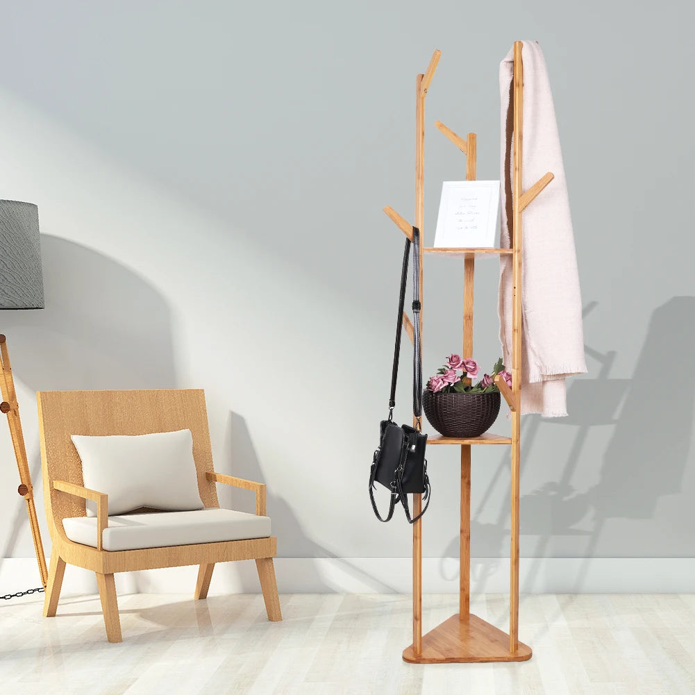 Bamboo Coat Rack Tree with 9 Hooks and 3-Layer Shelf Stand for Home