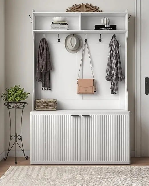 Modern Fluted Entryway Coat Rack Bench Shoe Storage Cabinet 42.5"