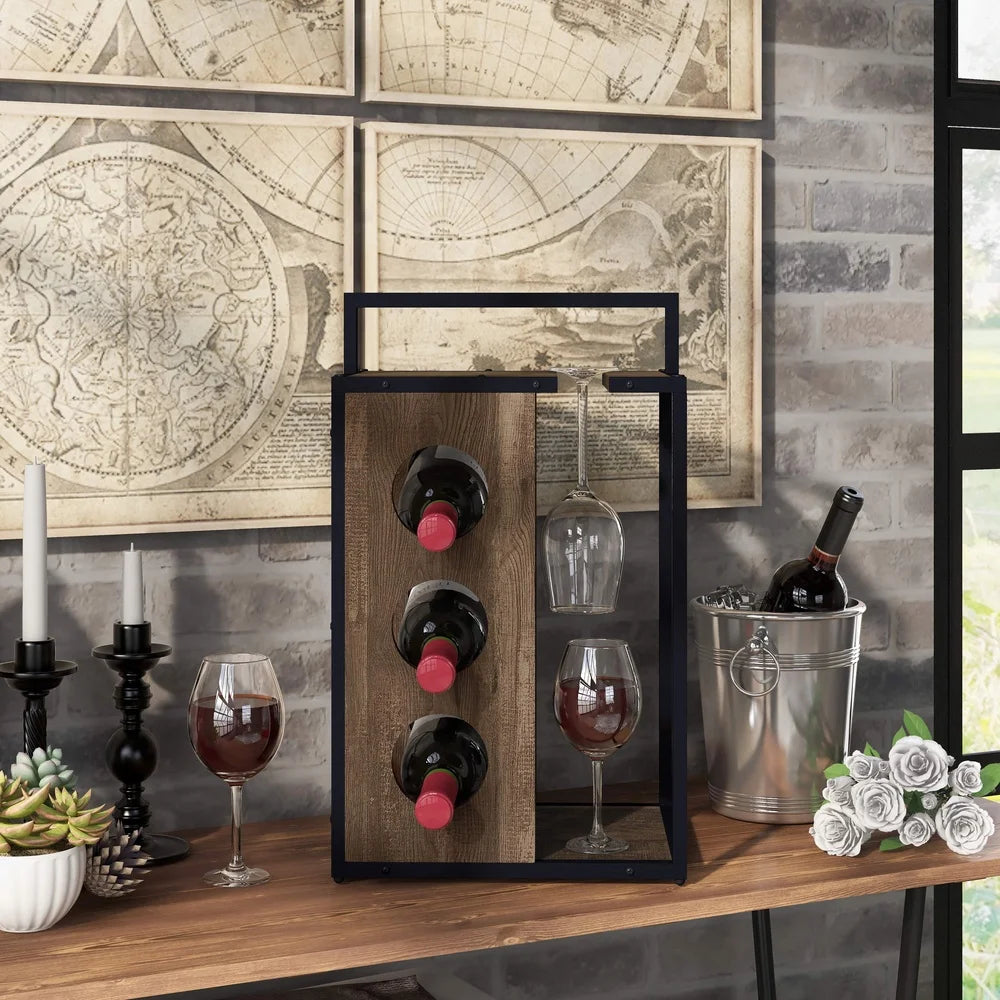Rustic 3-Bottle Wine Rack with Handle Stemware Holder Compact Design