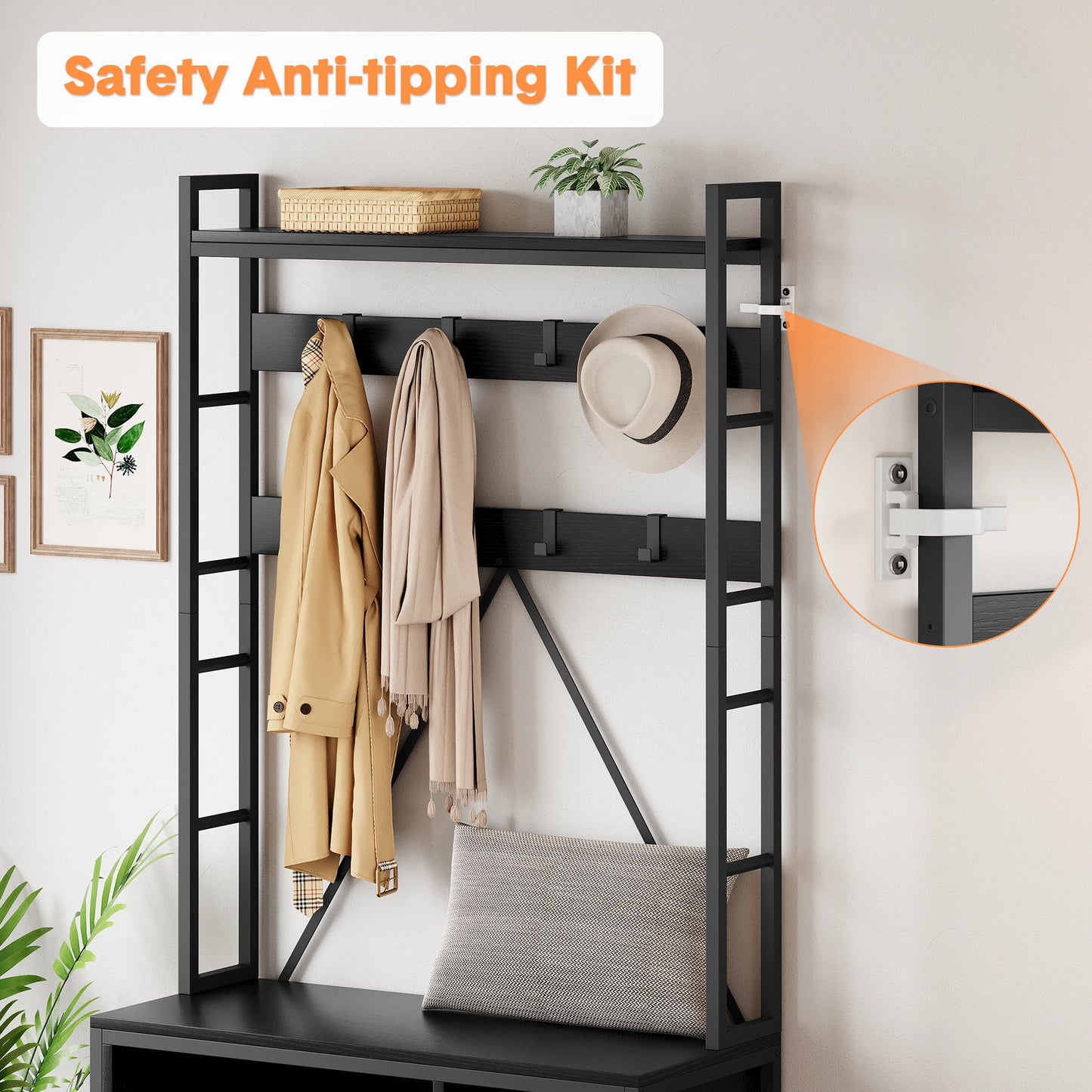 Hall Tree Entryway Bench with Coat Rack Shoe Storage 8 Hooks Industrial