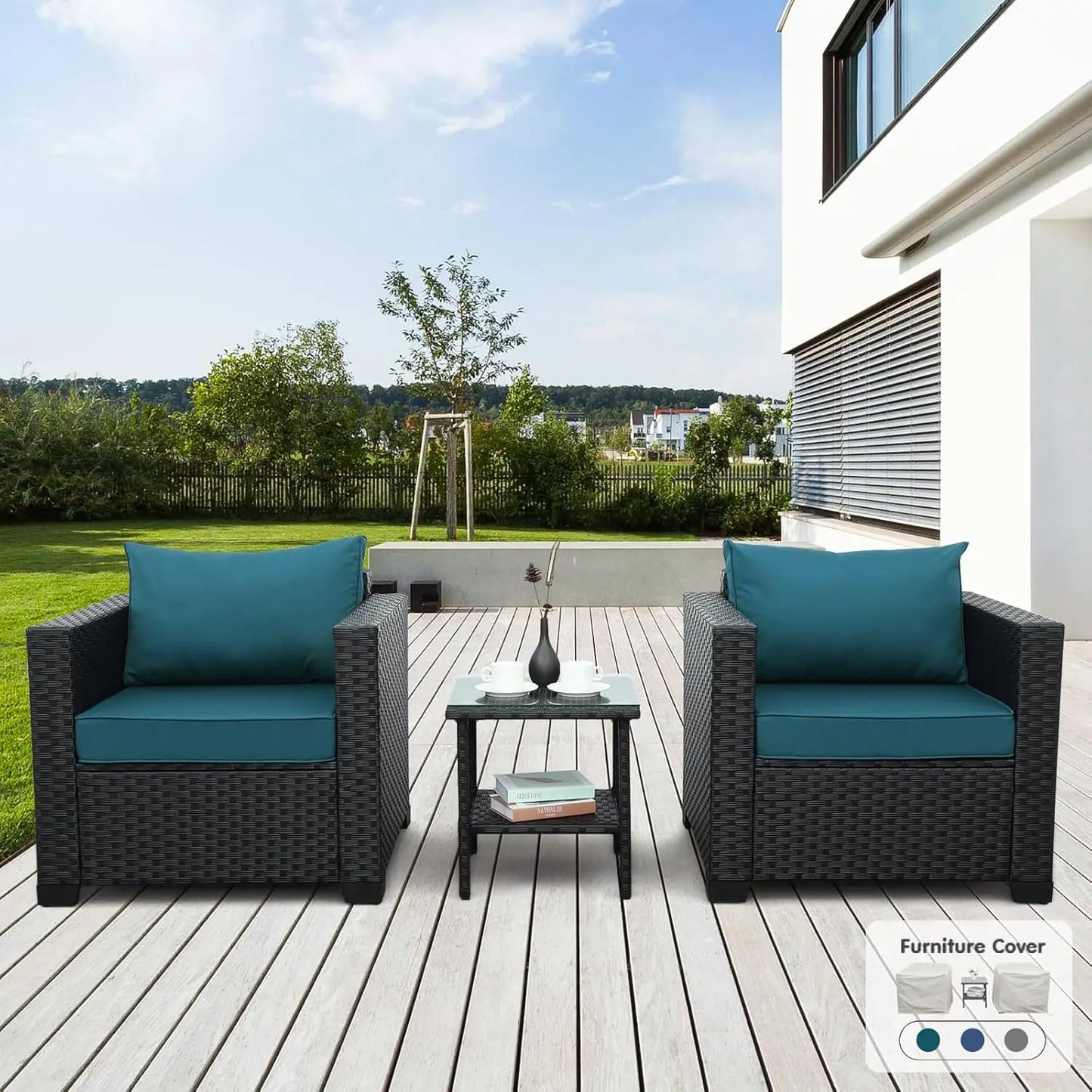 3 Piece Wicker Patio Set Outdoor Chairs Glass Table Garden Furniture