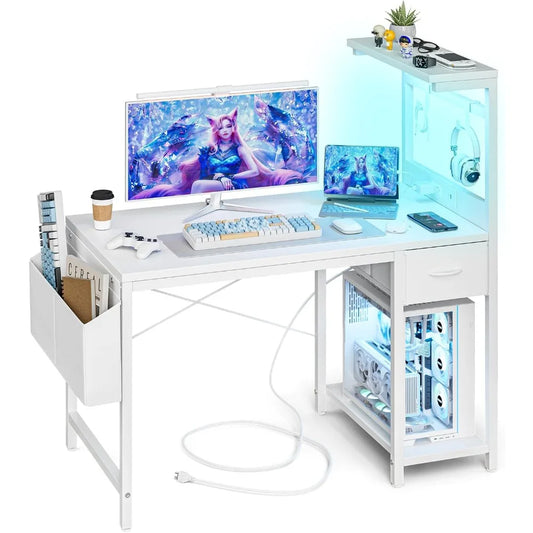 Gaming Desk 47 Inch with Power Outlet LED Light and Storage Drawer