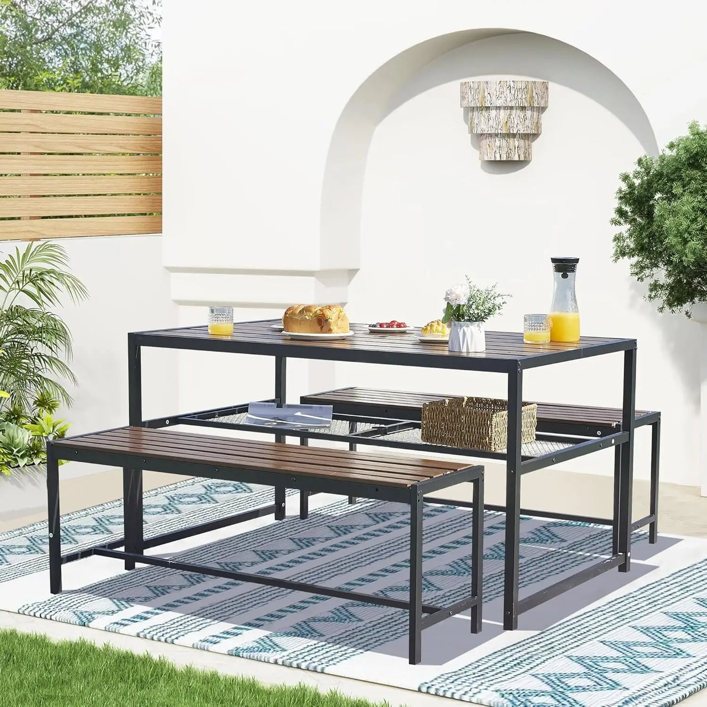 Outdoor Picnic Table Set with Umbrella Hole and Storage Shelf for 6