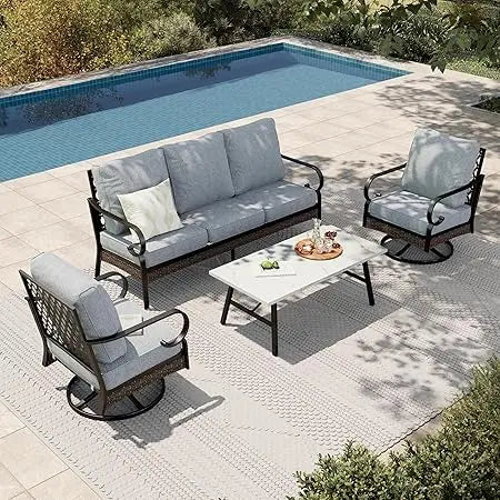 4-Piece Patio Furniture Set Rattan Rocking Chairs Sofa Marble Table