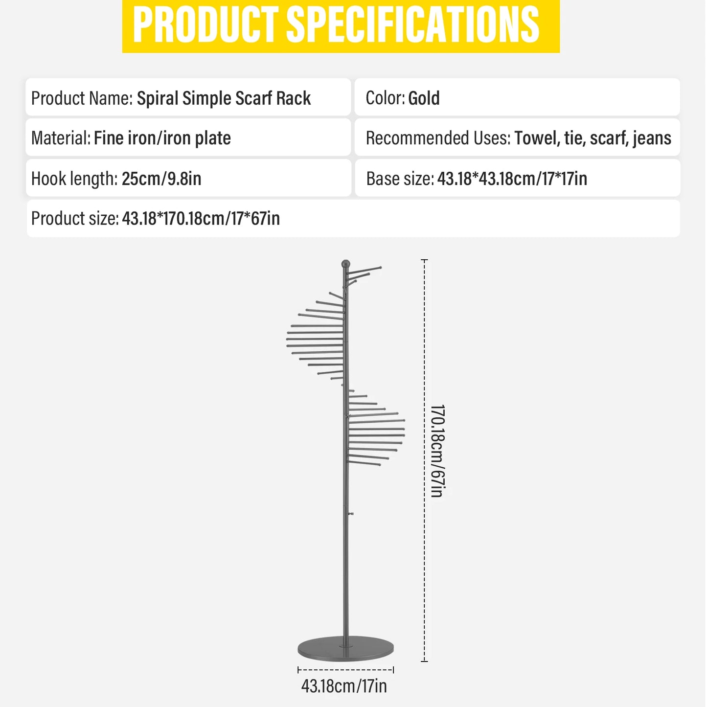 Freestanding Metal Scarf Rack Organizer 30 Rods Spiral Design