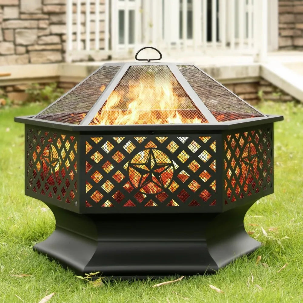 33 Inch Hexagon Outdoor Fire Pit Wood Burning Metal Firepit for Backyard