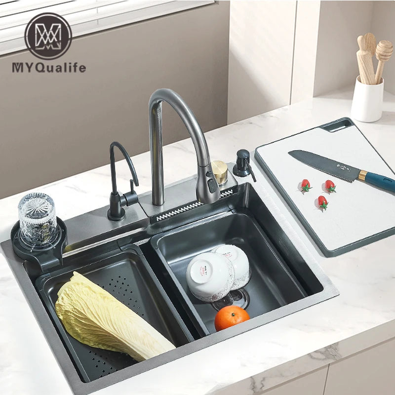 Ljustra Stainless Steel Waterfall Kitchen Sink Integrated Faucet Dispenser