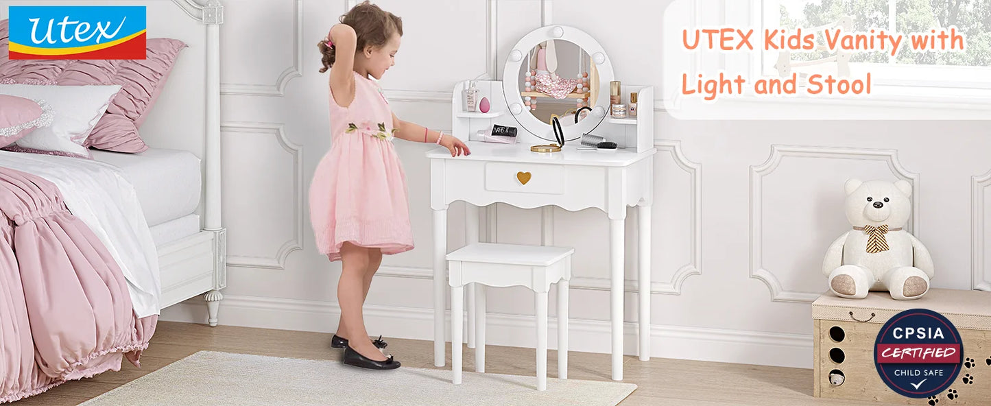 Kids Vanity Set with Mirror Stool Lights for Girls Pretend Play Furniture