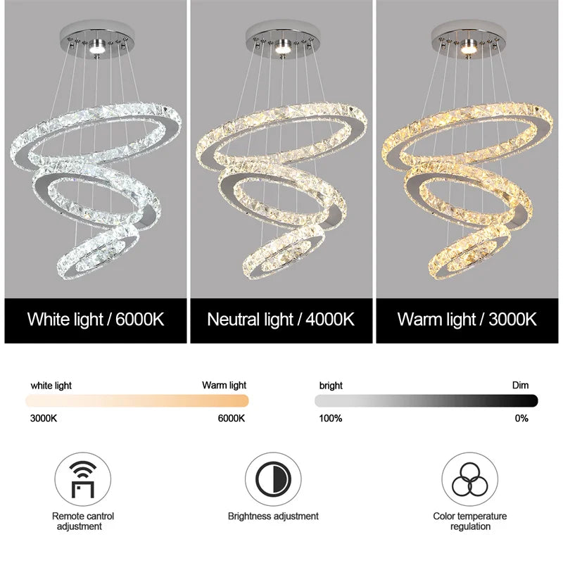Modern Crystal Rings LED Chandelier Luxury Ceiling Lamp Remote Control