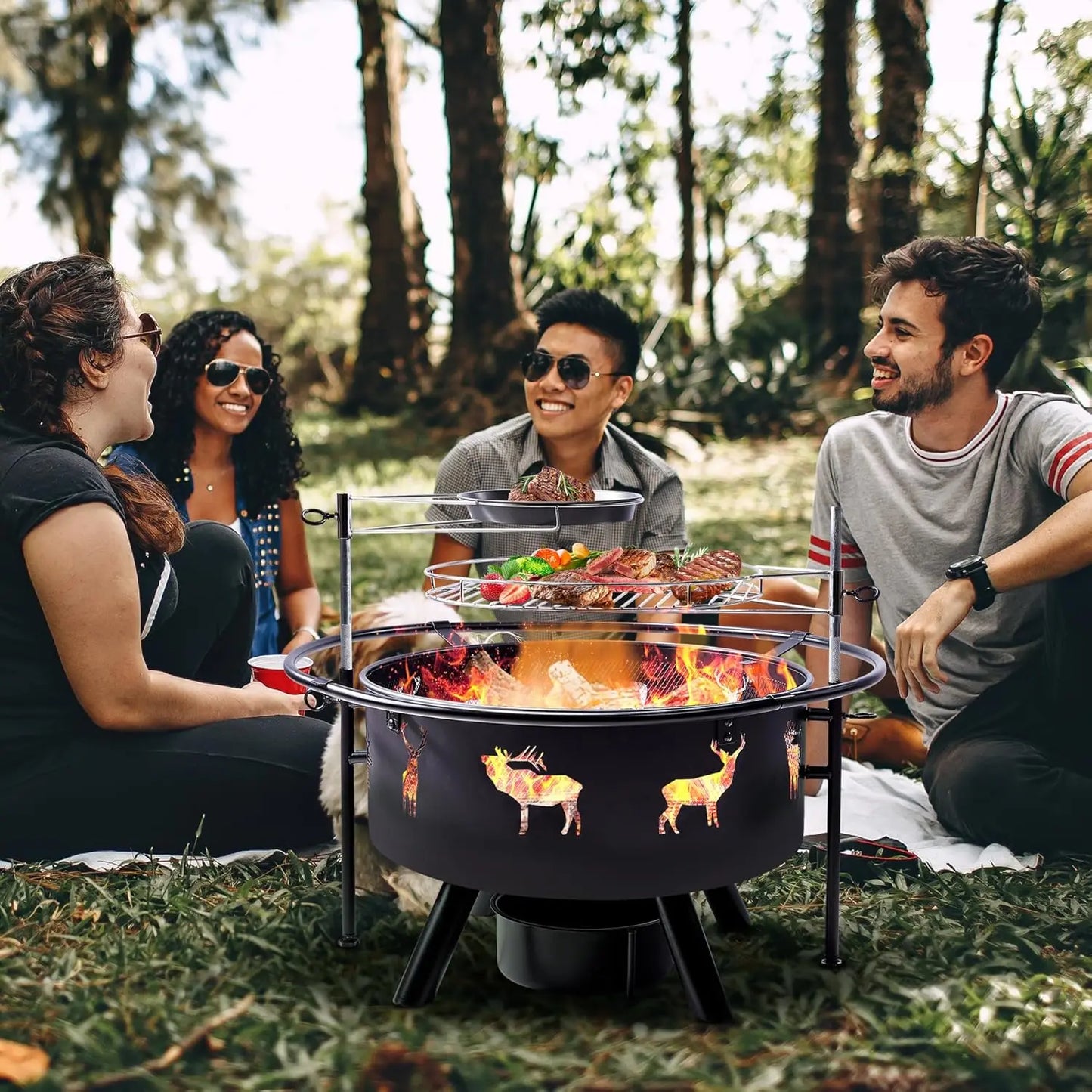 32 Inch Large Fire Pit with 2 Grills Outdoor Wood Burning Fire Pit