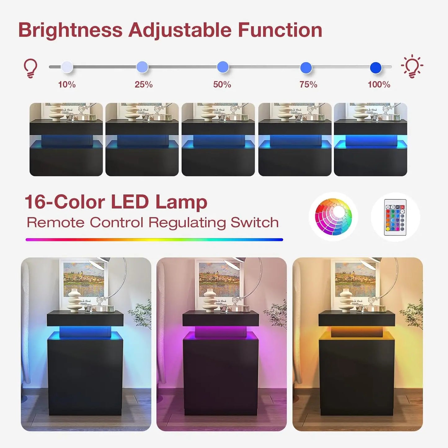 Nightstand Set of 2 LED Lights Charging Station Storage Modern Bedside Table