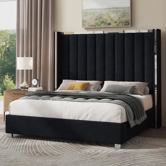Jocisland King Size Velvet Bed Frame with Tall Headboard and Tufting