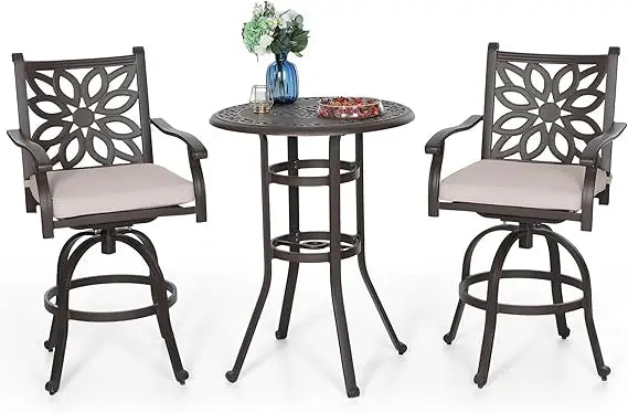 Patio Furniture Set 3 Pieces Cast Aluminum High Top Table Swivel Stools