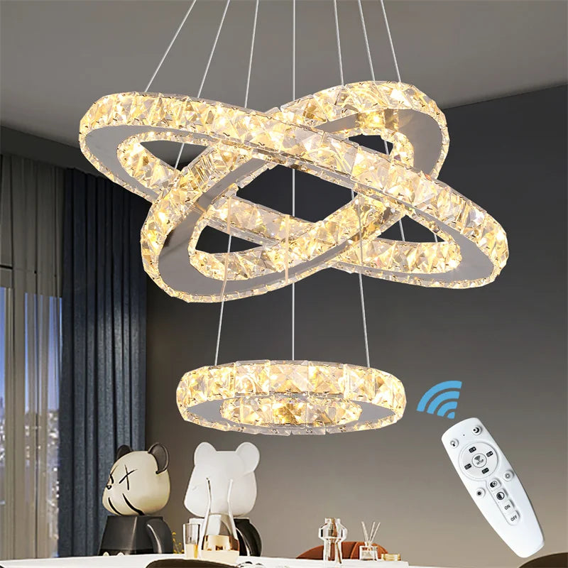 Modern Crystal Rings LED Chandelier Luxury Ceiling Lamp Remote Control