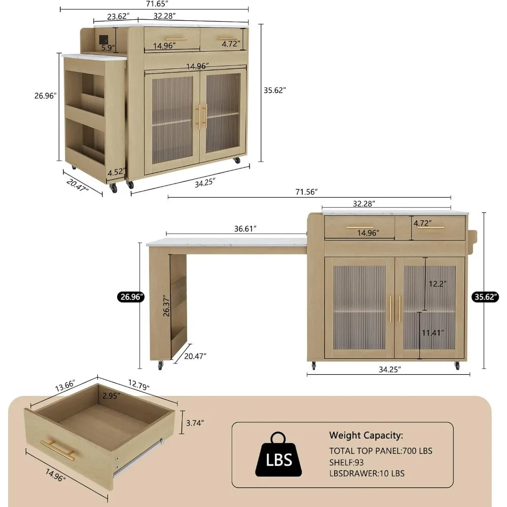 Kitchen Island with Extendable Table Power Outlets Rolling Cart