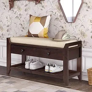Entry Storage Bench with Cushioned Seat and 2 Drawers for Shoes