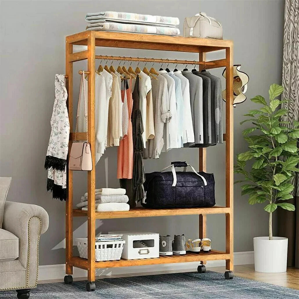 Bamboo Garment Rack with Wheels Multifunctional Clothing Organizer