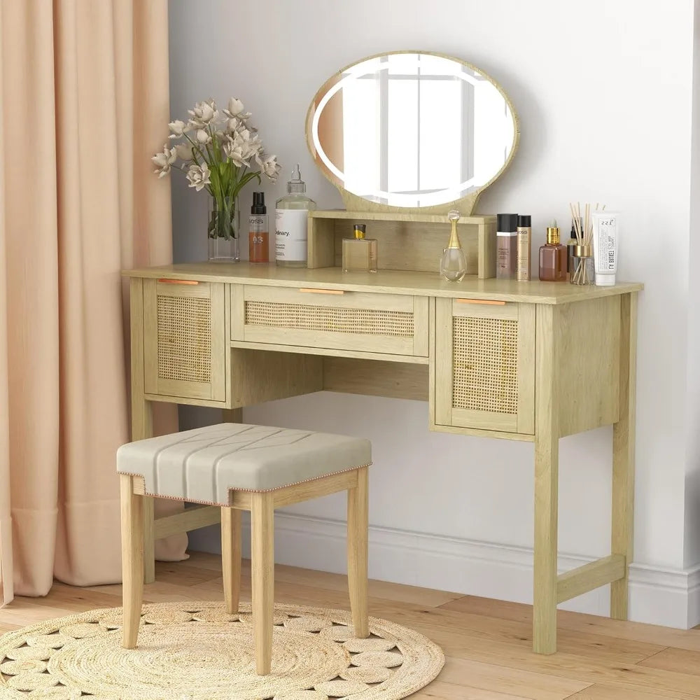 Rattan Vanity Desk with Mirror and Lights 47 Inch Boho Makeup Table