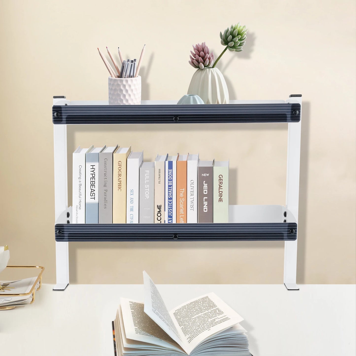 Clamp-on Desk Shelf 2-Tier Metal Organizer Above Under Table Storage