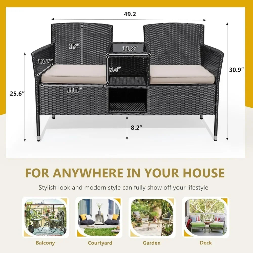 Ljustra Outdoor Loveseat Wicker Seat with Table Cushions Patio Bench