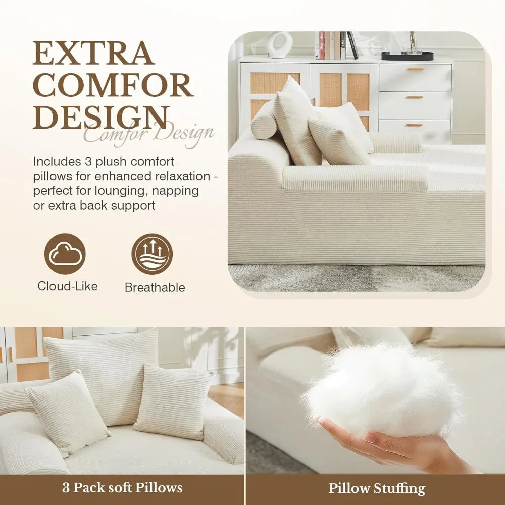 Ljustra Chaise Lounge Chair Indoor Corduroy Sofa Bed with 3 Pillows