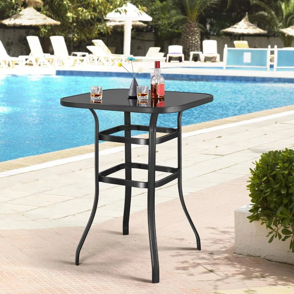 Ljustra Metal Frame Patio Bar Table Tempered Glass Outdoor Bistro Table