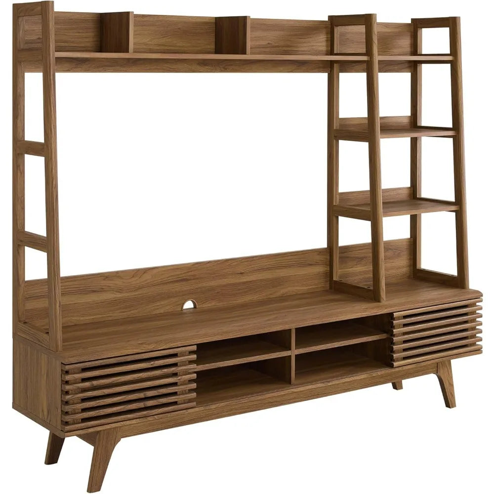 Mid-Century Modern TV Stand Entertainment Center 70 Inch Walnut Wood