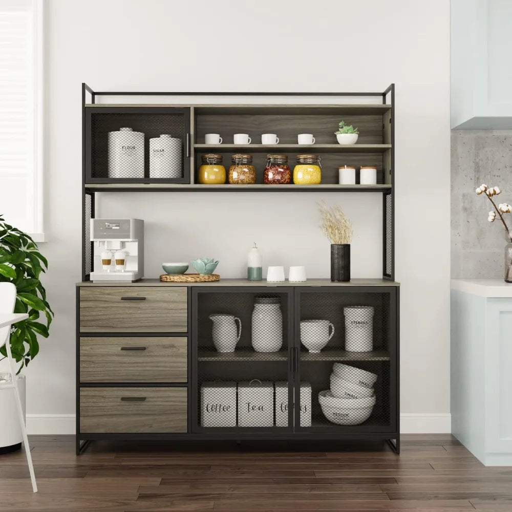 Large Kitchen Hutch Storage Cabinet with Metal Frame and Mesh Doors