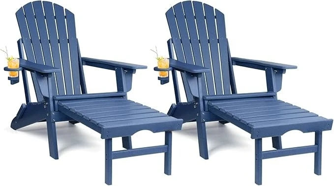 Adjustable Folding Adirondack Chairs Set of 2 with Ottoman Cup Holder